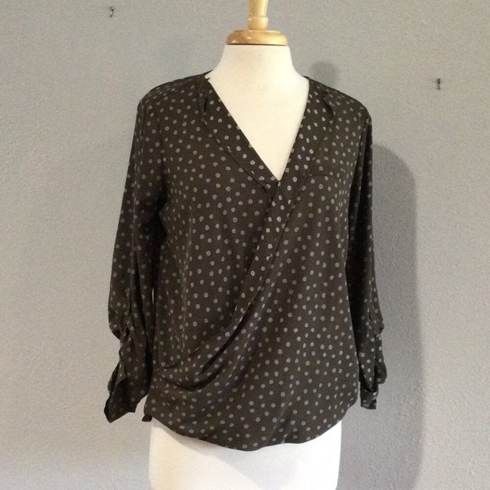 Pleione Olive & Lilac Rolltab Sleeve High Low Faux Wrap Blouse Size M
